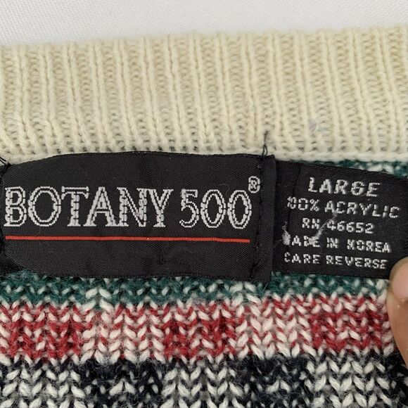 VTG 80s 90s Cardigan Sweater Men L Beige Colorful Geometric Grandpa Holiday - Picture 3 of 7